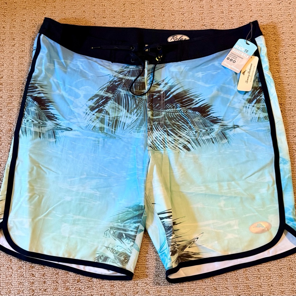 NWT Tommy Bahama Aqua and Navy Palm-Print Swim Board Shorts, Sz 40
